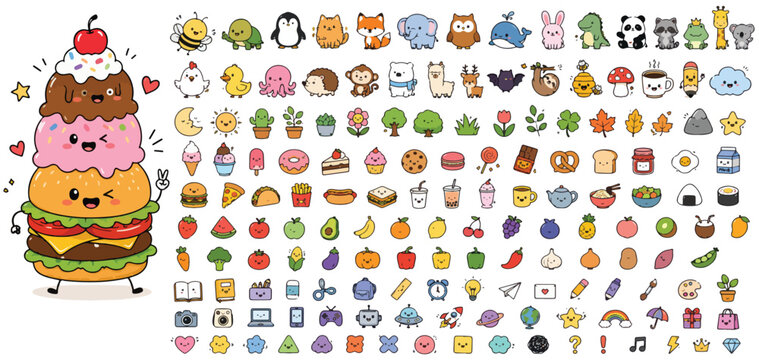 Kawaii doodle icon set with cute animals and food characters, large collection of 150 hand drawn vector stickers, colorful cartoon emoji illustrations