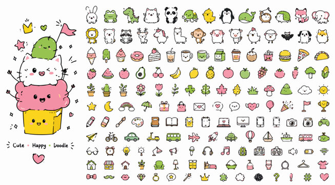 Kawaii doodle icon set, cute hand drawn animal and food stickers, mega collection of tiny cartoon illustrations for planners and journals