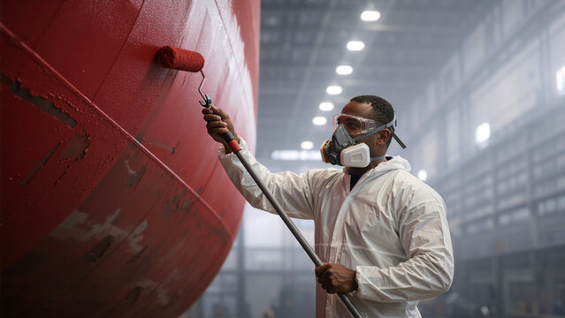 Industrial worker painting a large red ship hull in a warehouse. Black man in protective suit and respirator mask using a paint roller. Shipyard maintenance and repair work