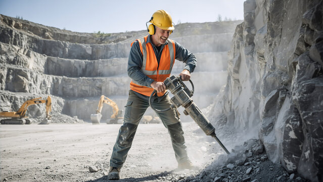 Construction worker using a jackhammer in a stone quarry. Male laborer in safety vest and hard hat drilling rock. Industrial mining site