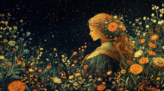 Woman in floral field, night, serene, dreamy