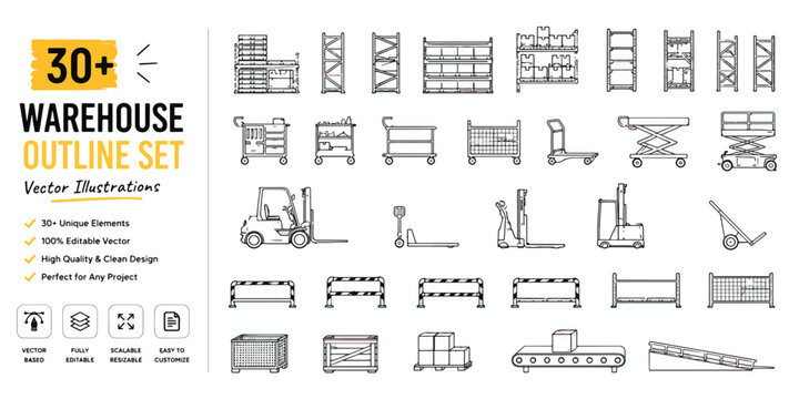 Warehouse outline set with 30 industrial icons, logistics equipment vector illustrations, storage shelving and forklift line art graphics