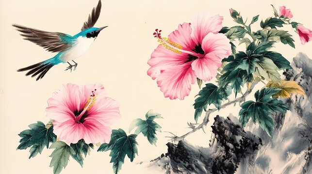 Traditional ink painting bird blue wings white belly hibiscus pink flowers yellow centers buds rocks light brown grass beige paper