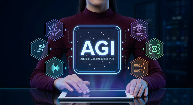 Woman using tablet displaying AGI Artificial General Intelligence hologram with neural network robotics voice vision chip and machine learning icons for future AI technology and innovation