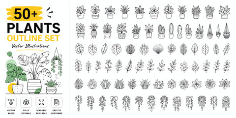 Minimalist house plants outline set, 50 plus botanical vector illustrations, modern potted plant line art icons for interior design and branding © ya Allah madad