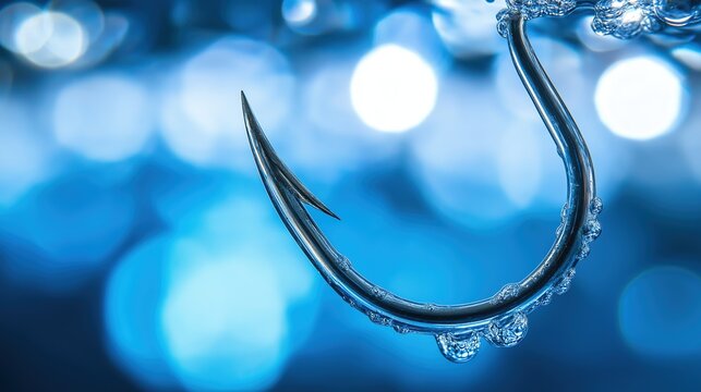 limnetic. Close-up of a metallic fish hook submerged in clear blue water. wildlife magazines, conservation campaigns, designed for eco-tourism storytelling, celebrates biodiversity.