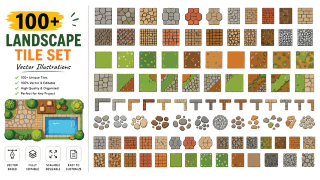 Landscape tile set with 100+ vector illustrations, garden paving stones and grass textures, architectural site plan elements for backyard design