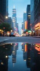 Fototapeta premium 水たまりにネオンや街明かりが反射する夕暮れ時の都市の道路、都市の風景をテーマにしたイメージ