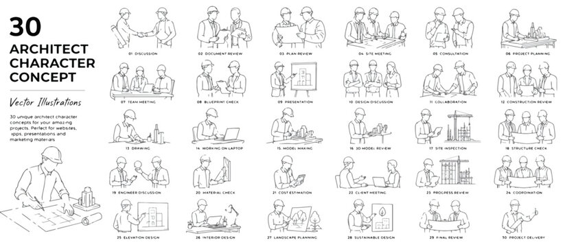 Architect character concept set of 30 vector illustrations, professional engineer line art icons, construction worker and builder sketches for project planning