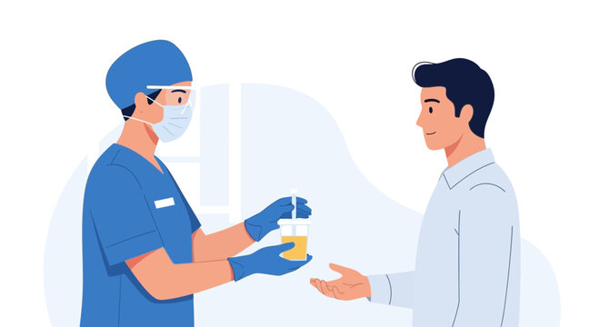 Doctor giving urine sample cup to patient during medical exam or health checkup