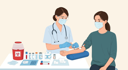 Obraz premium Medical Professional Performing Blood Draw on Patient with Face Masks