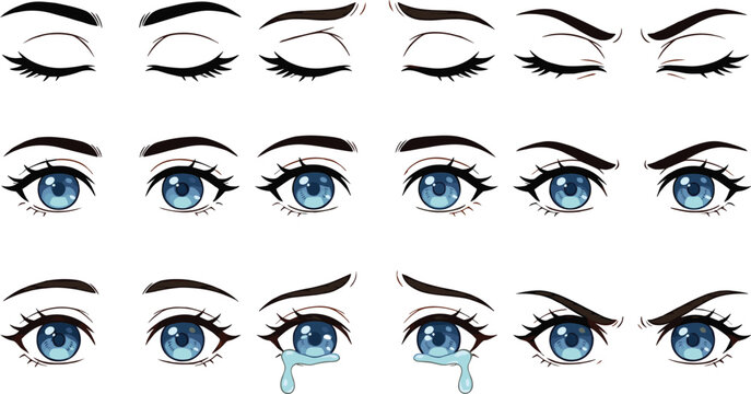 Cartoon Female Eye Expression Collection with Blue Iris, Crying Eyes, Eyebrow Emotions, and Anime Style Facial Features for Character Design