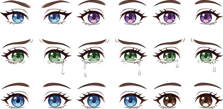 Anime Style Female Eye Illustration Collection with Colorful Iris Variations, Crying Expressions, and Cartoon Beauty Design Elements