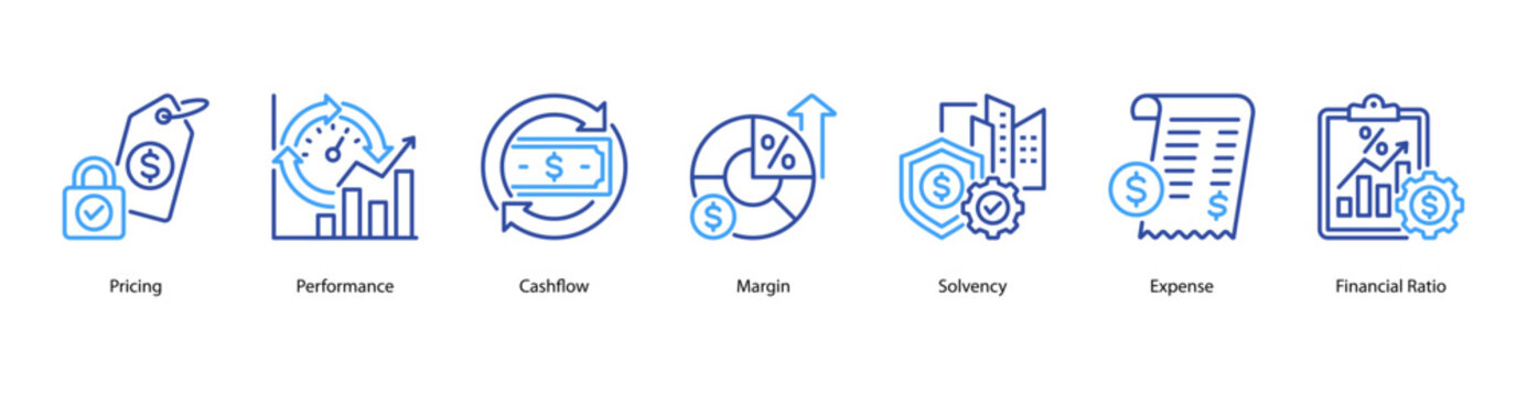 Financial Basics web banner icon vector illustration featuring Pricing, Performance, Cashflow, Margin, Solvency, Expense, and Financial Ratio.
