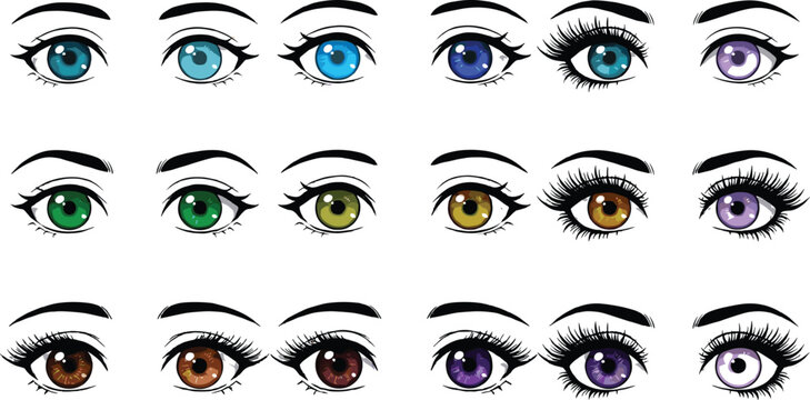 Cartoon Female Eye Illustration Collection with Colorful Iris Variations, Eyelashes, and Makeup Styles for Beauty and Character Design