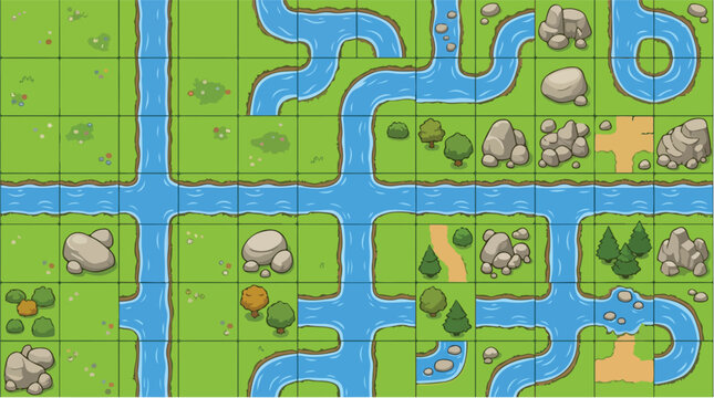Isometric game map tiles, cartoon landscape level design kit, modular nature environment with rivers and rocks, green grass terrain vector