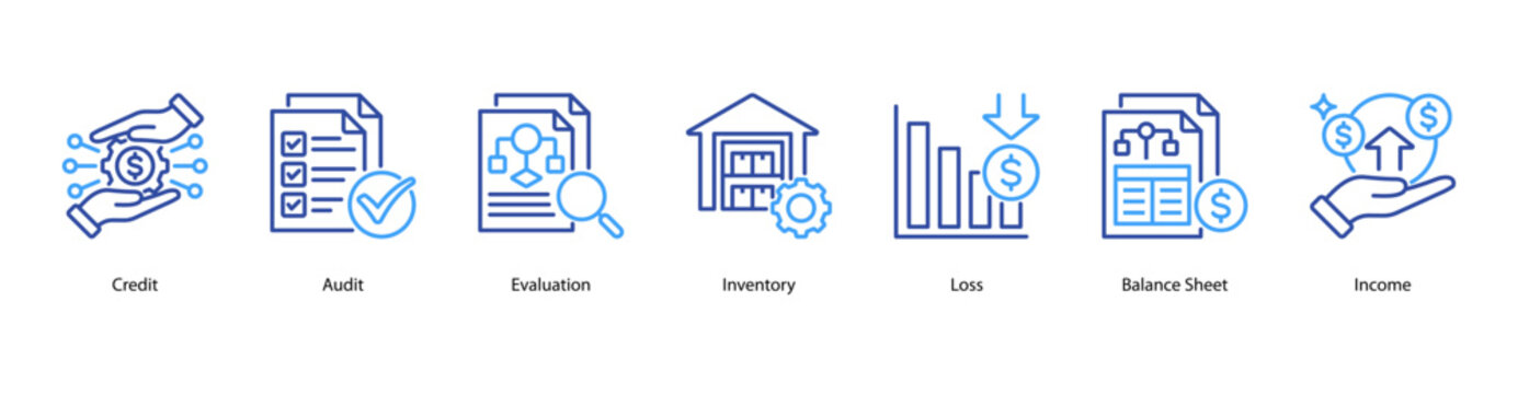 Accounting Essentials web banner icon vector illustration featuring Credit, Audit, Evaluation, Inventory, Loss, Balance Sheet, and Income.