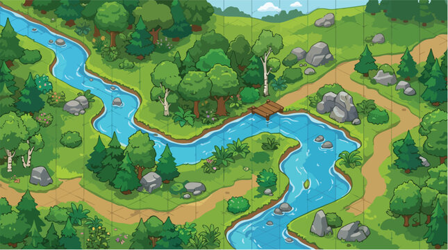Isometric forest landscape with winding blue river and wooden bridge, cartoon nature game background, lush green woods with dirt paths and rocks
