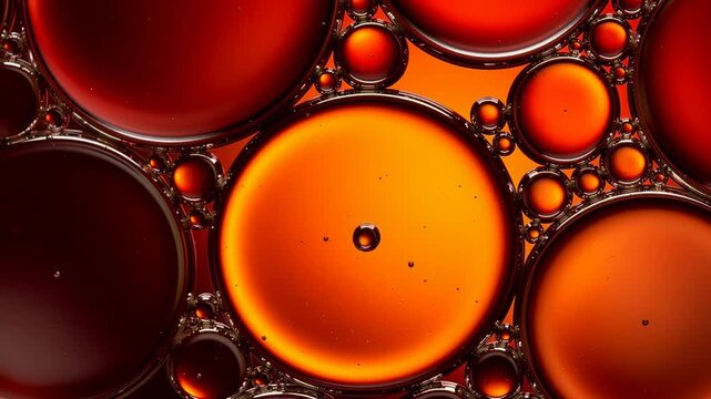 Close up of orange and red oil bubbles floating on liquid surface in vibrant abstract background