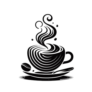 A stylized black and white illustration of a steaming cup of coffee with a coffee bean on the saucer.