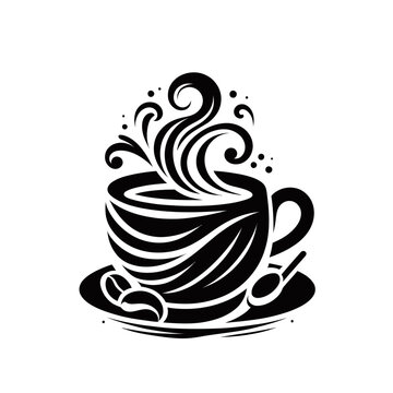 A stylized black and white illustration of a steaming cup of coffee with coffee beans and a spoon on a saucer.