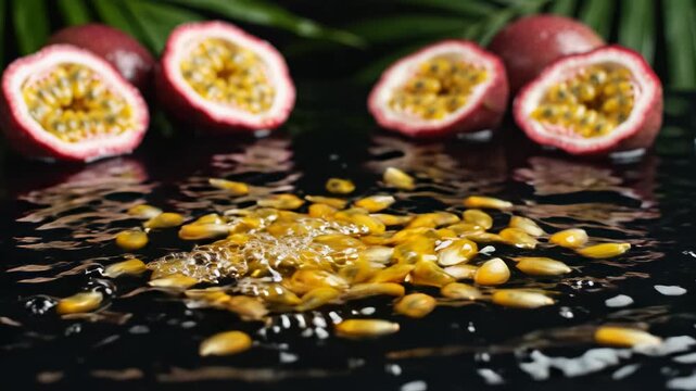 Corn and passion fruit splashing in water ideal for eco-friendly campaigns and travel vlogs