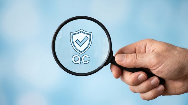 Hand holding magnifying glass with shield check and qc symbol on blue background. Quality control inspection, product verification and compliance review in a clean technical setting.