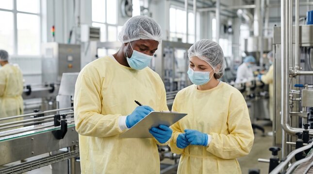 Professional quality control technicians reviewing checklist in a sterile production line. African american specialist and white colleague inspecting manufacturing process in a modern food processing