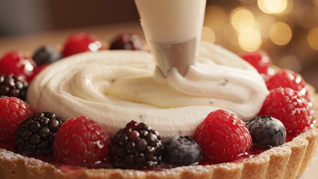 Dessert with cream and berries ideal for sleek commercial backgrounds and title sequences