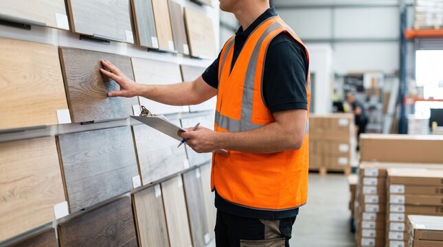 Worker selecting wood flooring samples in warehouse
