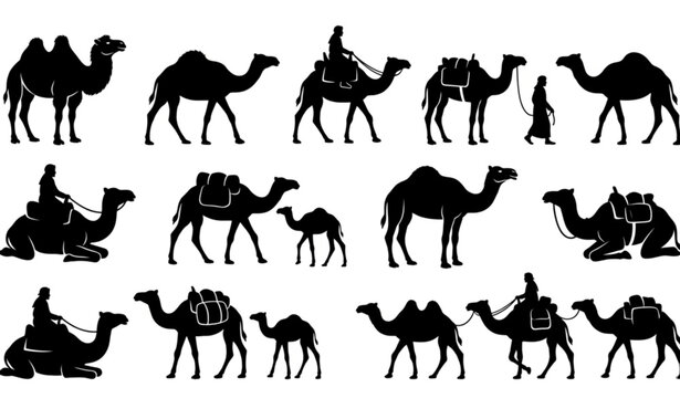 Camel silhouette vector design set with desert animal illustrations isolated on white