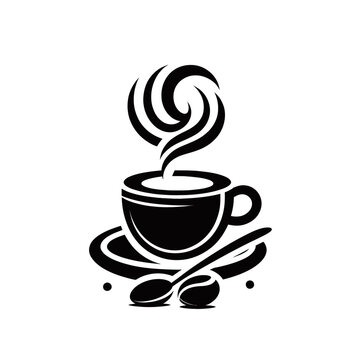 A stylized black and white illustration of a steaming cup of coffee with a spoon and coffee beans.