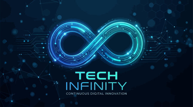 A futuristic logo creative design featuring a glowing blue infinity symbol represents tech innovation