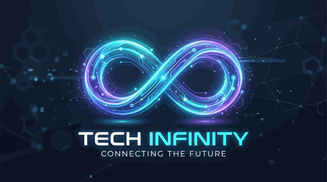 A futuristic tech infinity logo features glowing blue and purple lines forming an infinity symbol with the words 'TECH INFINITY' and 'CONNECTING THE FUTURE' written below on a dark background
