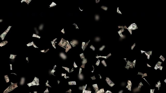Explosion of dollar bills. Money flies onto the screen like confetti against a transparent background. ProRes 4444