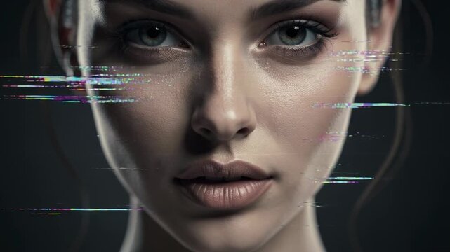 Close up of young woman face with digital glitch effects and intense gaze futuristic technology concept
