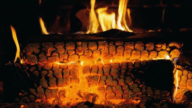 Close-up view of glowing embers and vibrant flames from burning logs in a dark setting, creating warmth and light.