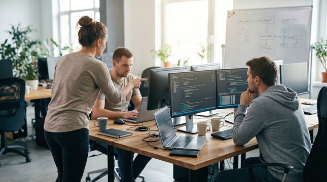Software developers working together on code at desk, debugging and programming computer software in bright startup office environment with whiteboard diagrams