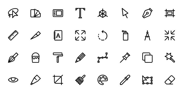 Graphic Design Tools icon set 1995. Minimal icons set. Vector illustration. Featuring Lasso, Pantone, Tablet, Text, Cube, Cursor, Pen, Frame, and more. Editable vector stroke.