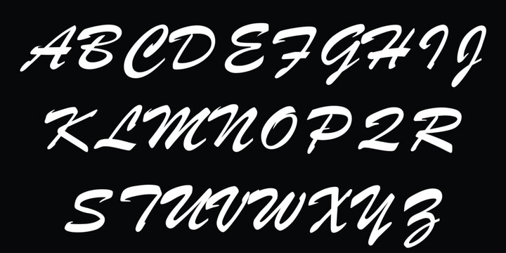 Alphabet set with white brush stroke letters on black background featuring elegant cursive and slanted calligraphic style.