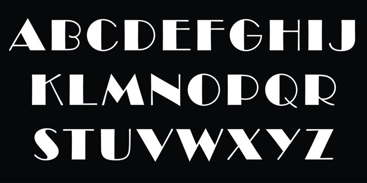 Geometric art deco font style alphabet featuring white bold letters on dark background with clean lines and sharp shapes.