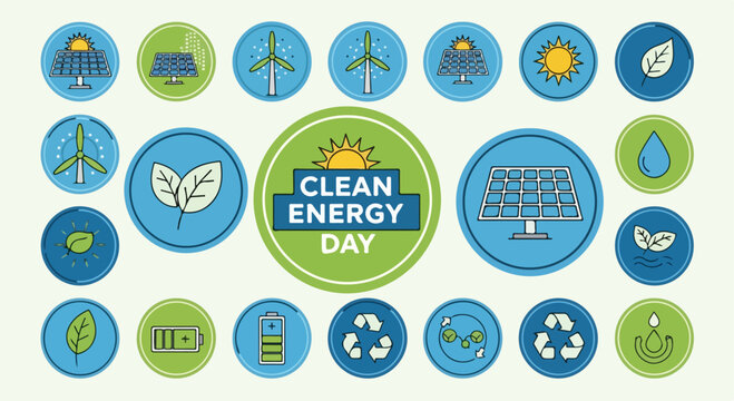 Clean Energy Day vector icon set, renewable energy sustainability symbols, solar panels and wind turbines in blue and green circles, eco friendly power icons