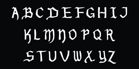 A complete alphabet in a unique gothic font, set against a sleek black background, perfect for striking design. © SaHeD