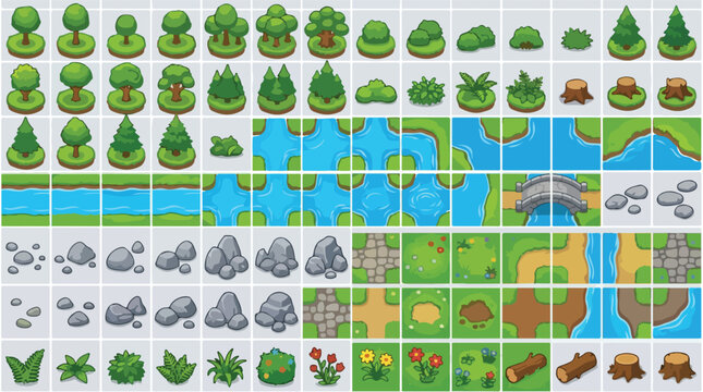Isometric game map tileset, cartoon nature environment assets with trees and river, 2D top-down landscape elements for level design
