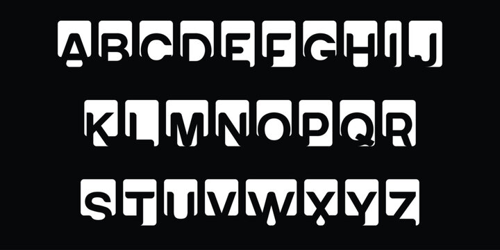 Modern stencil block alphabet with negative space letters on rounded white squares for minimalist contemporary branding.