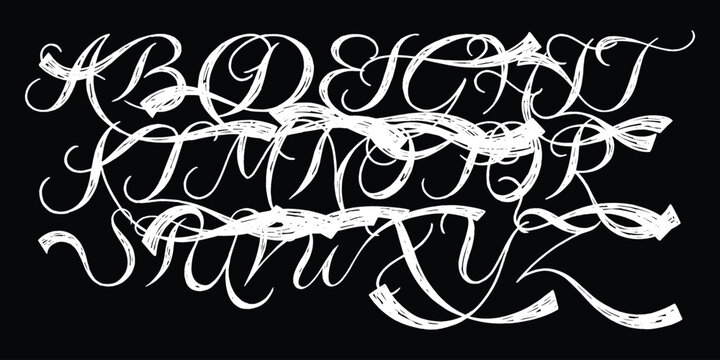 Elegant flourish calligraphy alphabet with white swash letters and intricate script details for luxury wedding stationery.