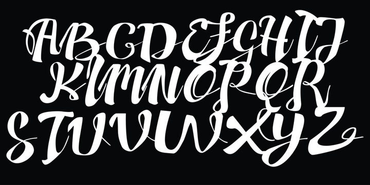 Bold brush script alphabet featuring thick white strokes and expressive hand drawn letters for artistic poster lettering.