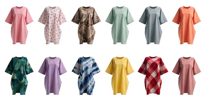 Collection of Twelve Floating Indonesian Daster House Dress Garments Showcasing Mix of Solid Colors and Batik Floral Tropical Geometric Plaid Motifs on White Background