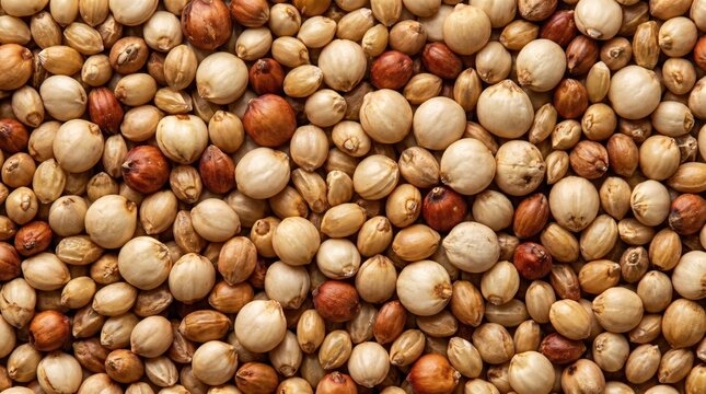 Close up overhead view of a dense pile of small round and oval grains in shades of cream tan and reddish brown