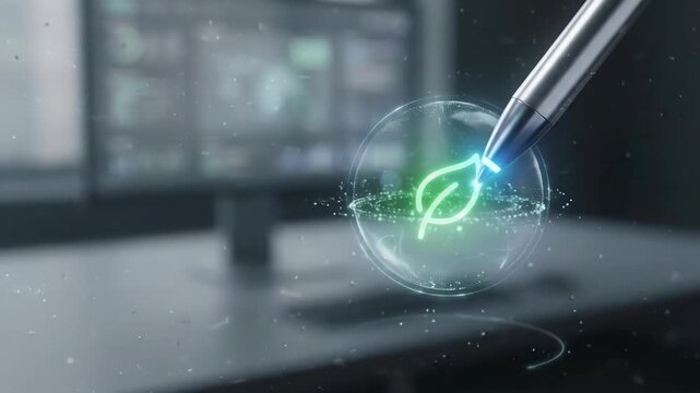 Green leaf symbol inside transparent sphere with pen tip representing health financial security coverage advanced technology futuristic workspace